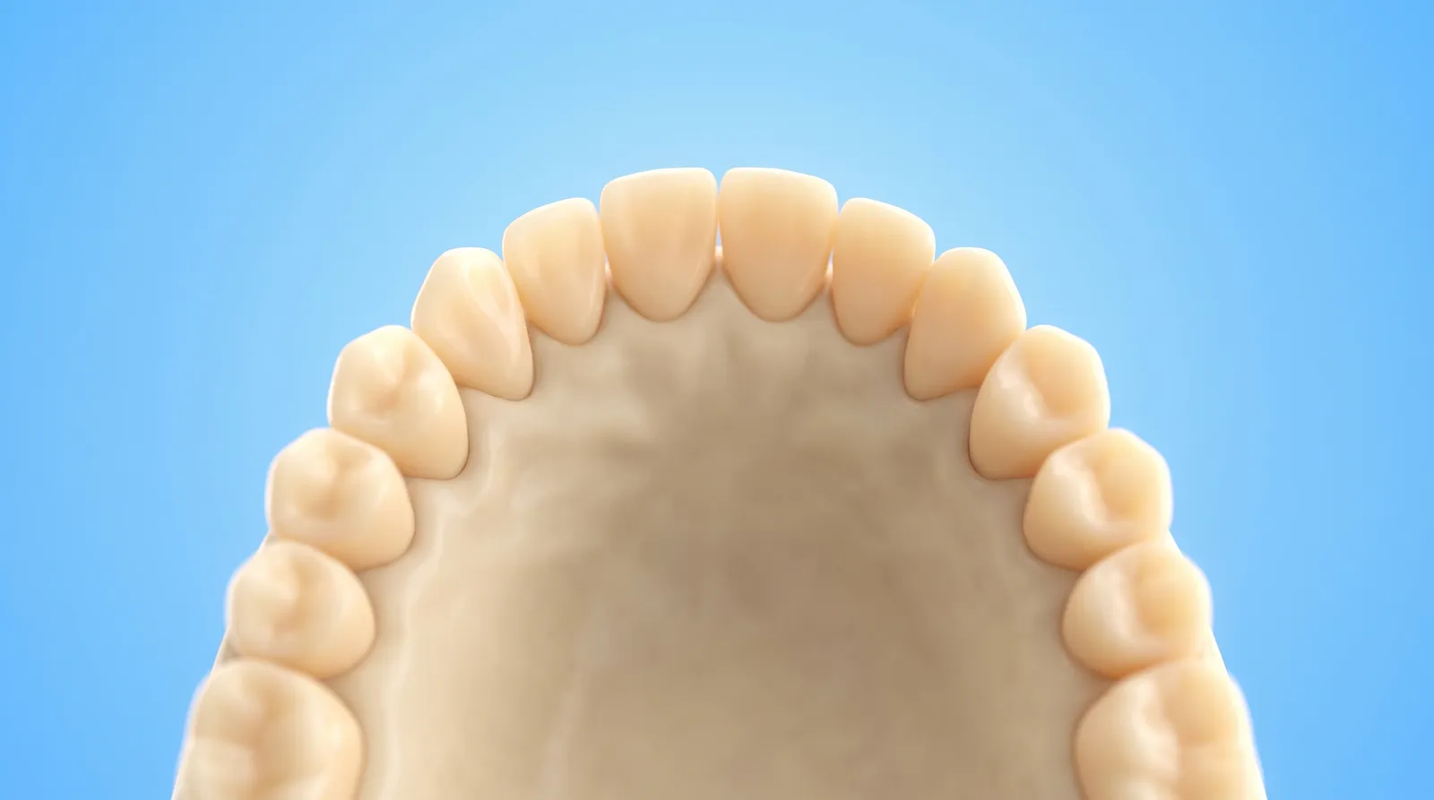 A finished upper arch model with even, matched, natural looking teeth