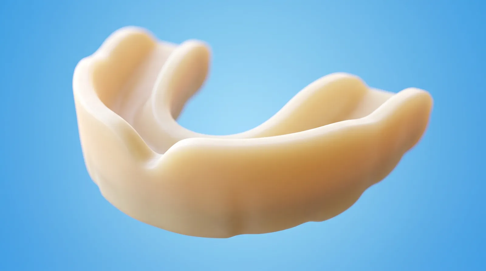 A very thick mouthguard seen from the front, its walls heavy and deep