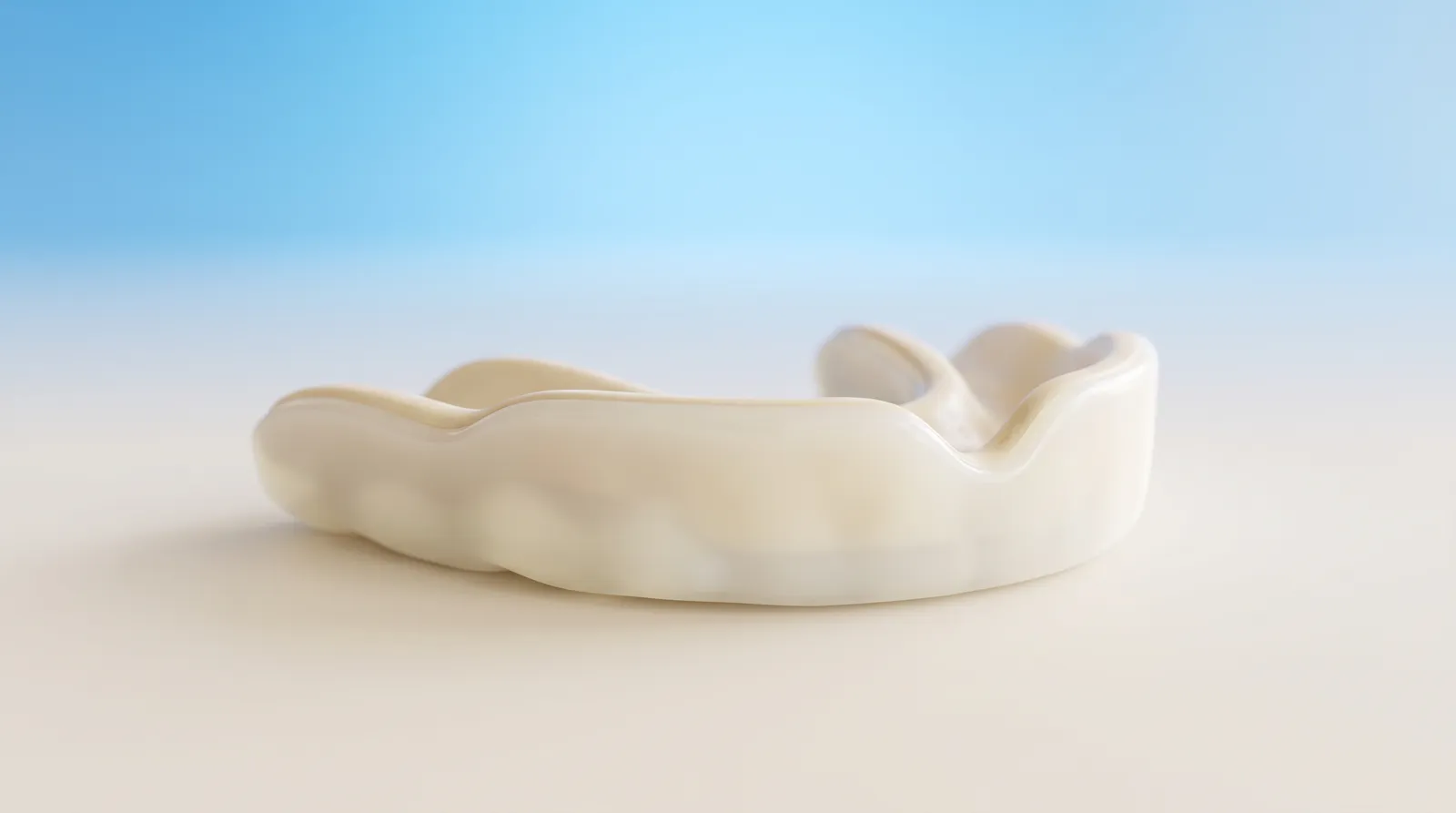 A mouthguard lying flat and unused on a plain surface, seen from a low angle