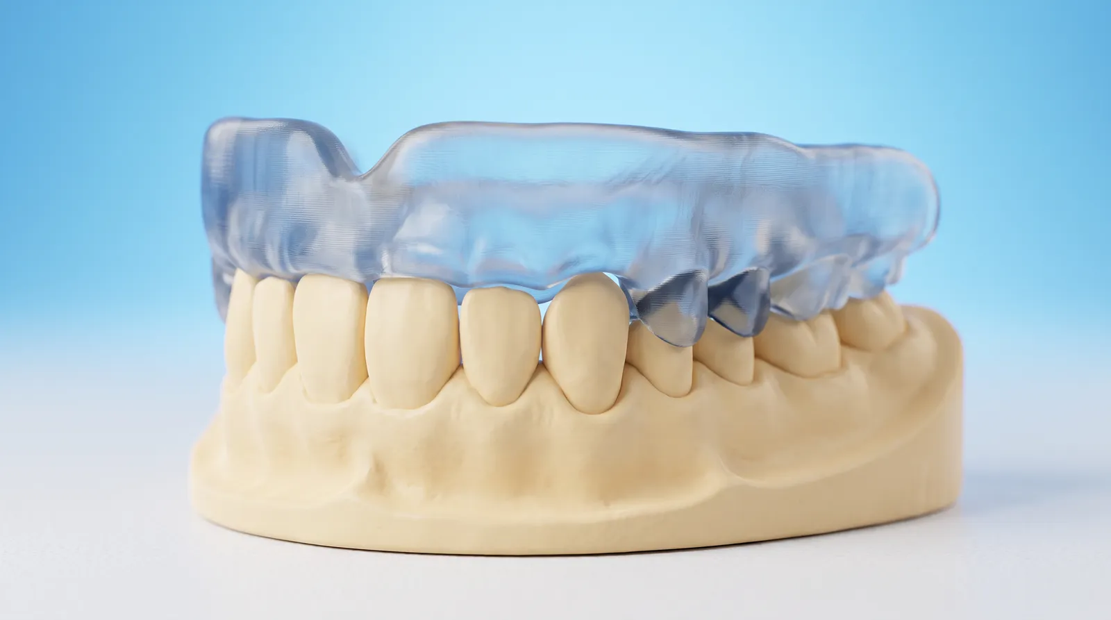 A bulky mouthguard sitting loosely over a dental arch model with visible gaps beneath it