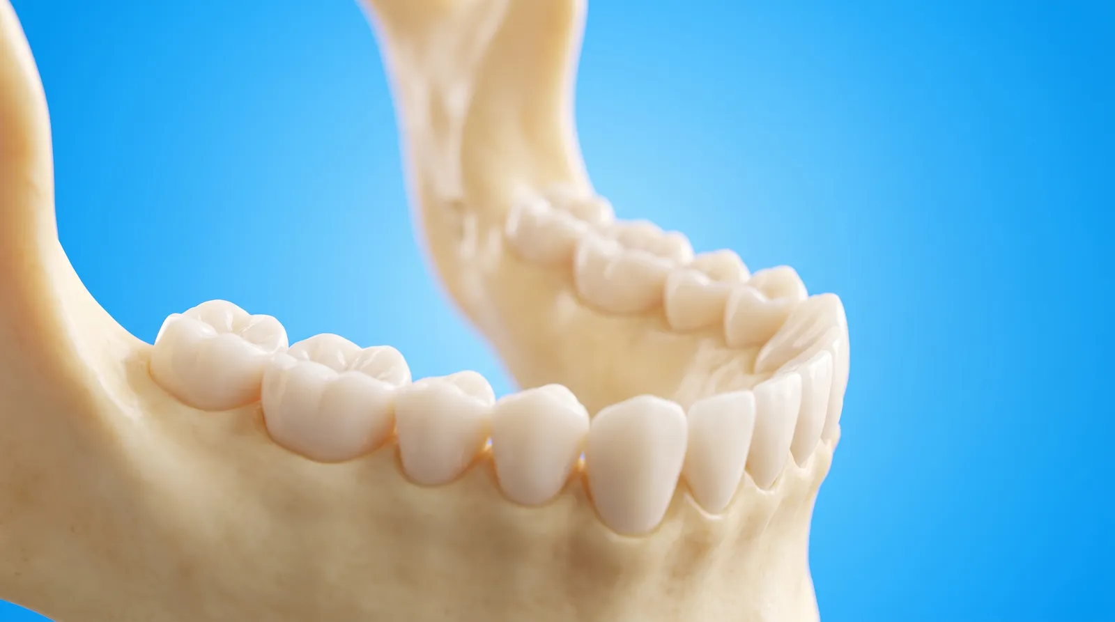 A lower jaw model seen from a low angle, its back teeth pressed hard together