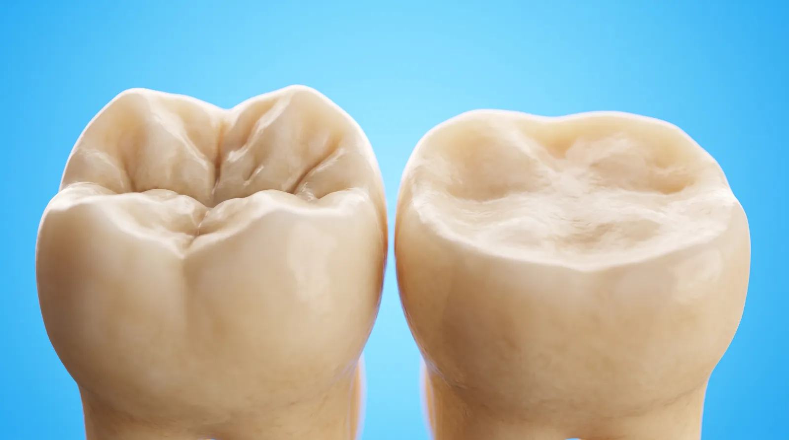 Two molar models side by side, one with sharp cusps and one worn flat