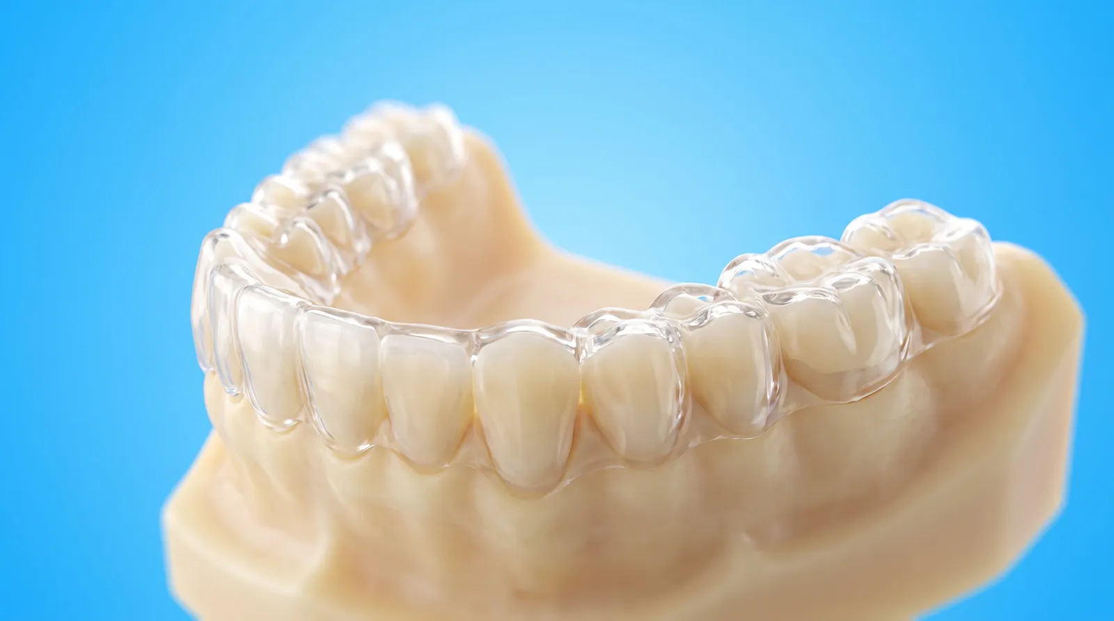 A slim hard clear splint fitted precisely over a dental arch model