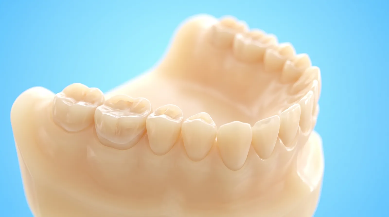 A dental arch model with its worn biting surfaces clearly visible from above