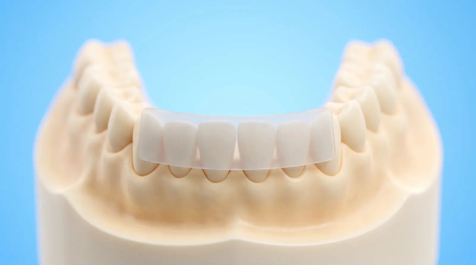 A flat whitening strip laid across a dental arch model, bridging the gaps and touching only the front surfaces