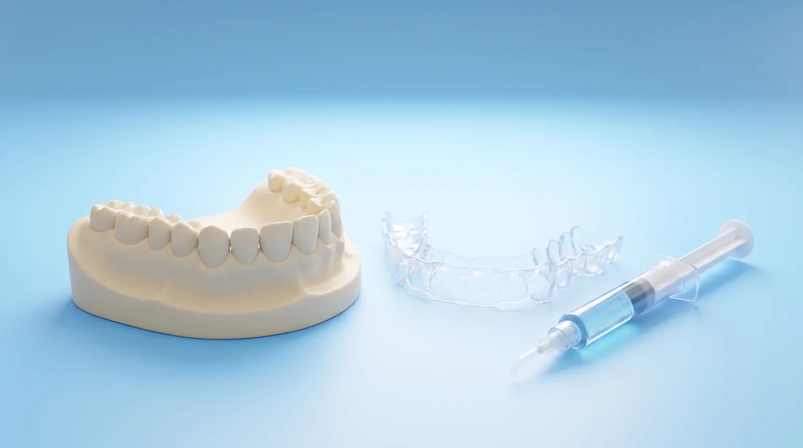 A dental arch model beside a fitted custom whitening tray and a small gel syringe, arranged neatly together