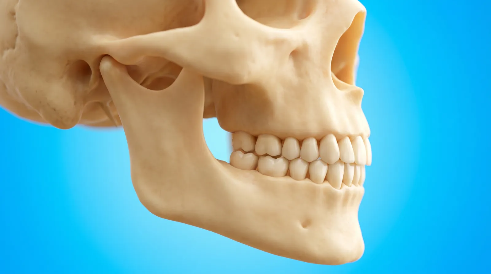 A full jaw model with the joint and the teeth both visible, seen from the side