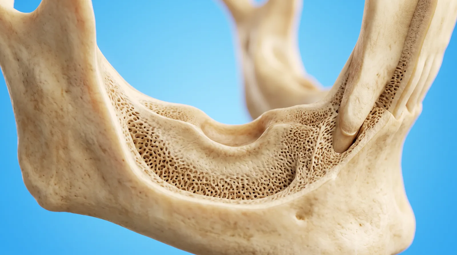 A cut-through jaw showing a low sunken ridge of bone where a tooth root used to be