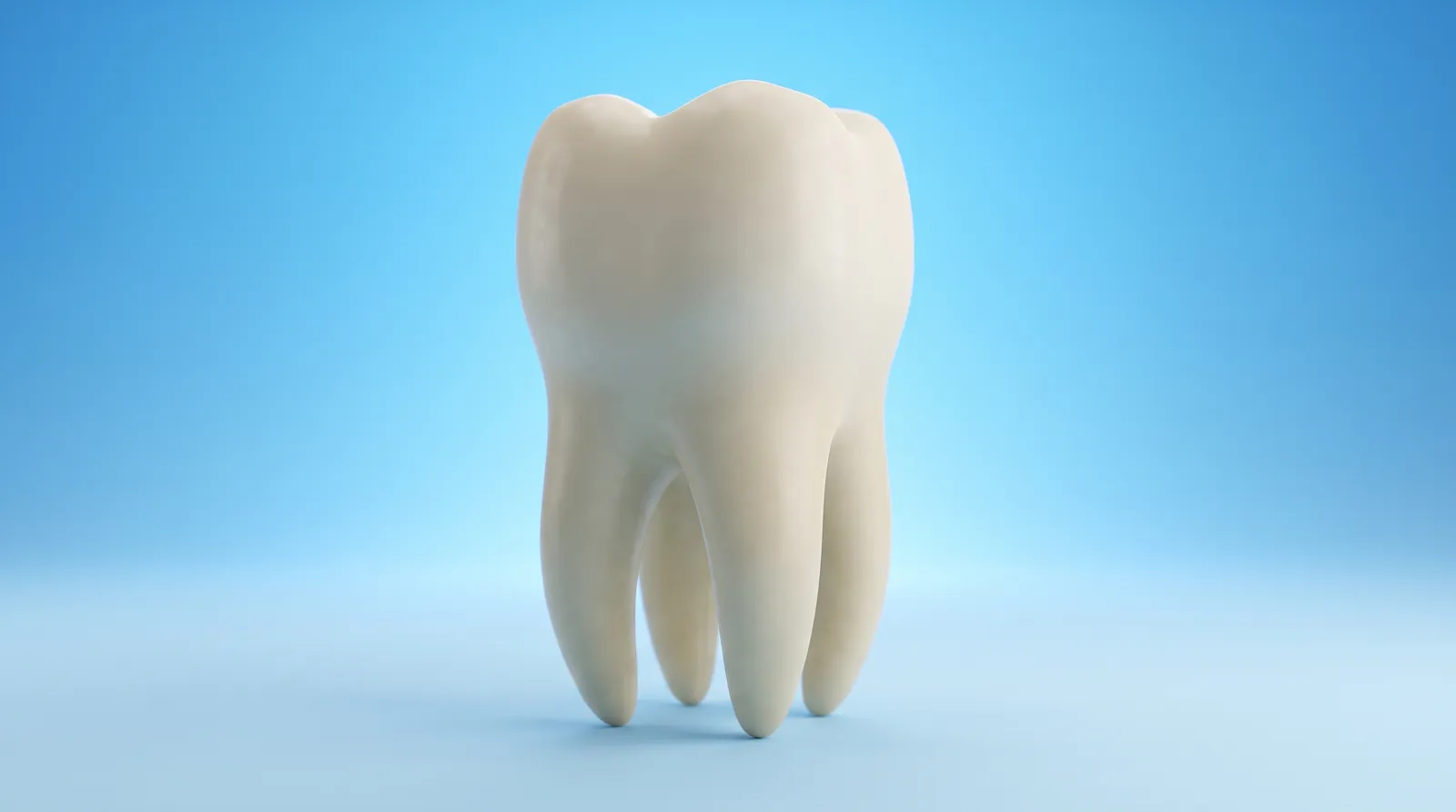 One molar model standing whole and sound, seen from a low angle