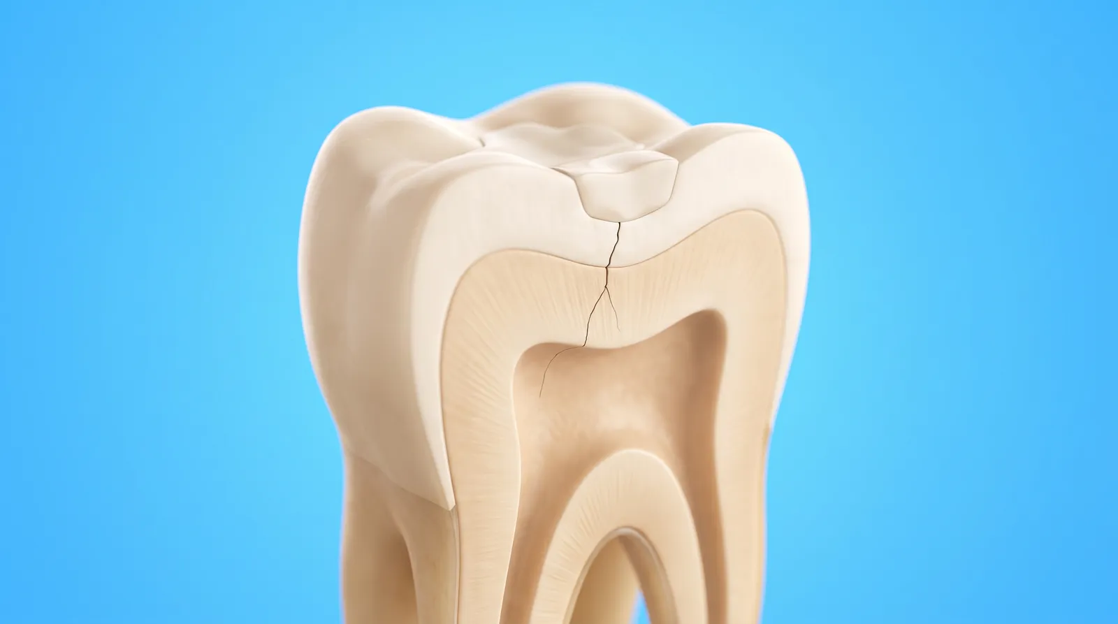 A cut-through molar with a hairline crack running from the corner of its filling