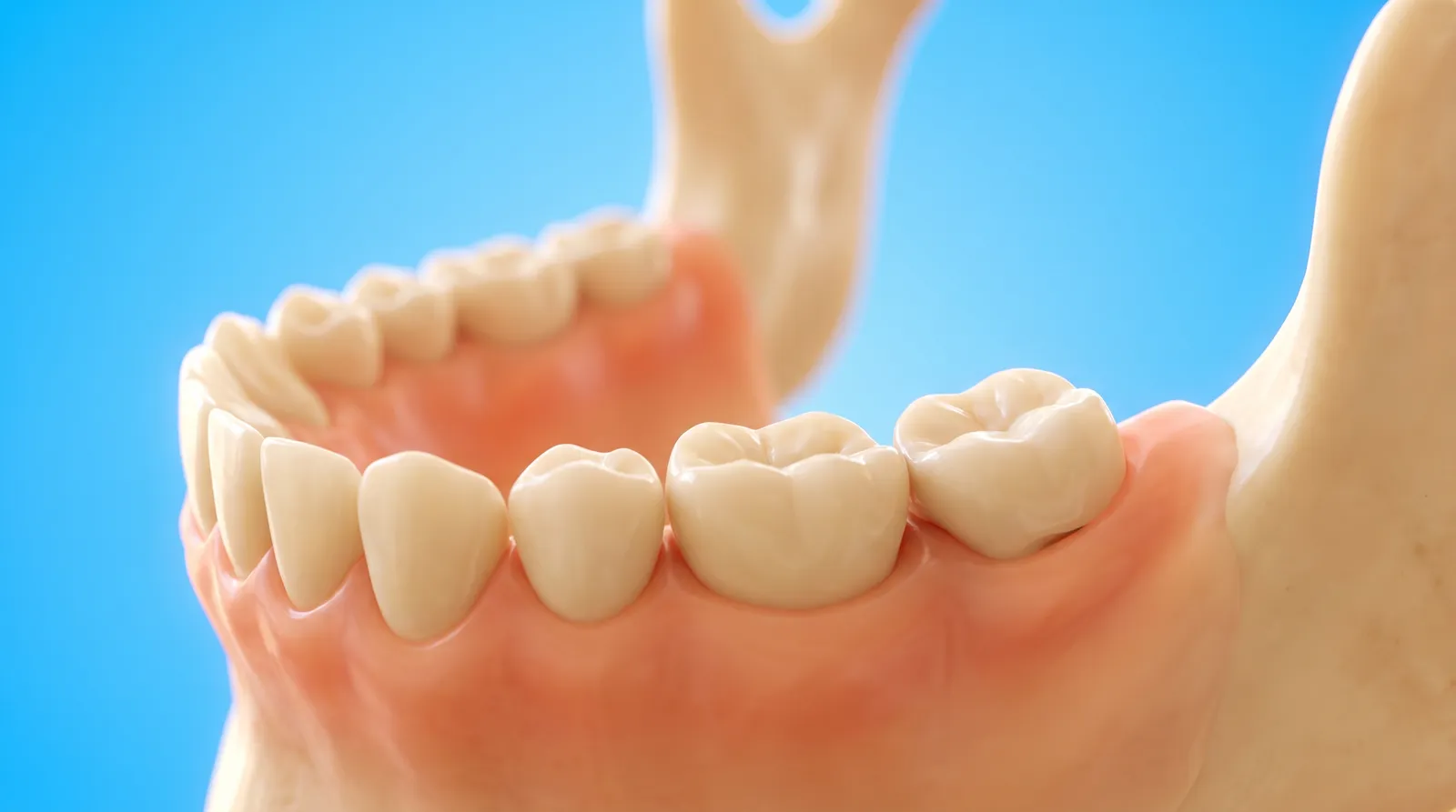 A lower jaw model where the last molar is pressed hard against the one in front of it