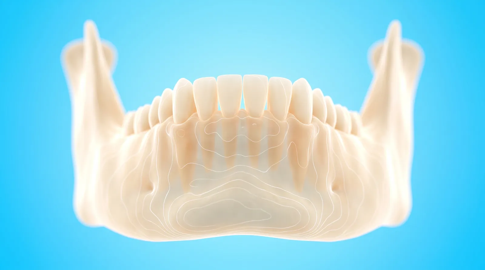 A see-through scan model of a jaw with fine contour lines across its surface